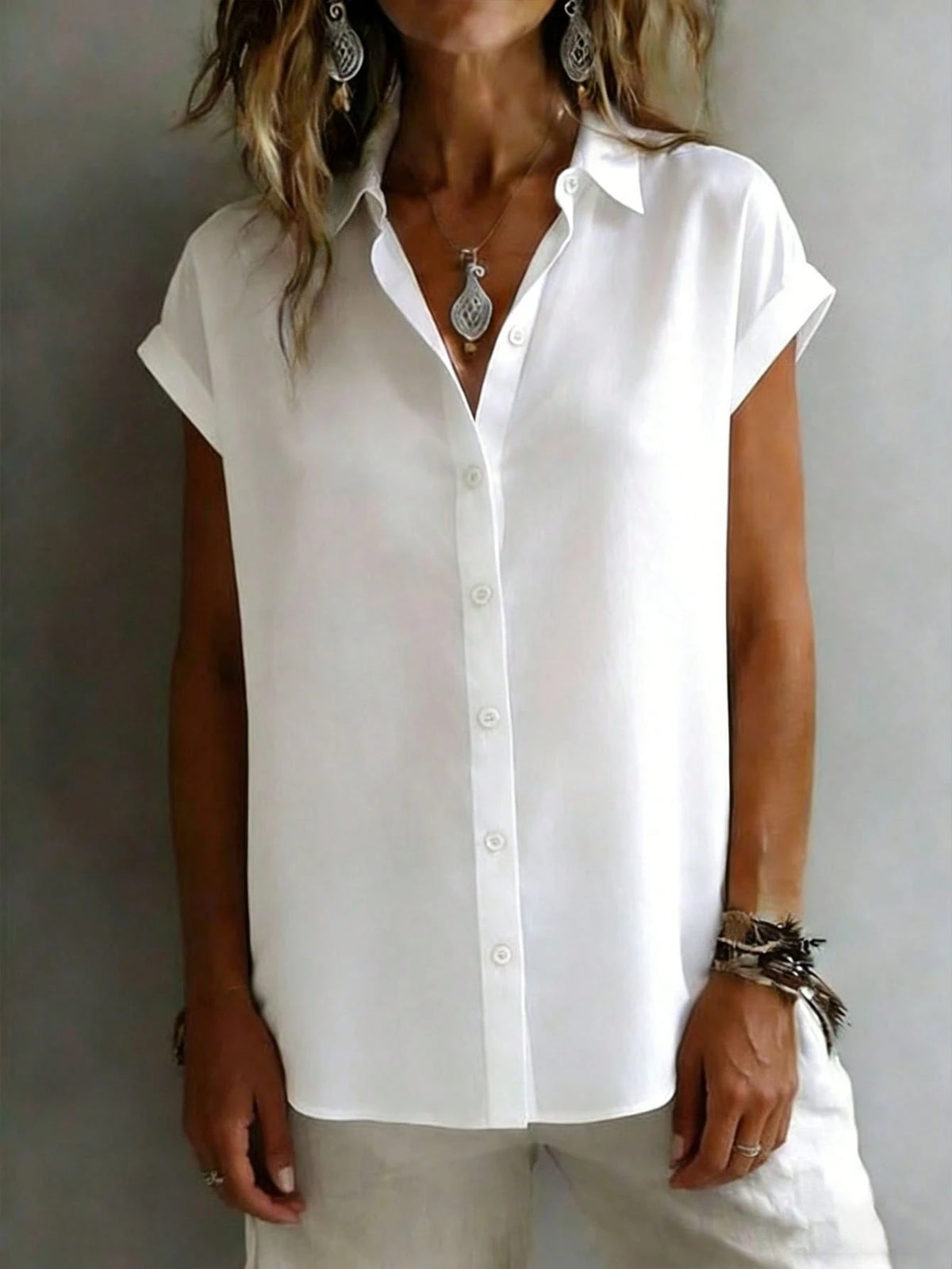 Fashionable Short Sleeve Collared Shirt For Women, Versatile Loose Casual Commute Sleeveless Top, Solid Color Button Front White Summer, Office Siren, Work To Weekend