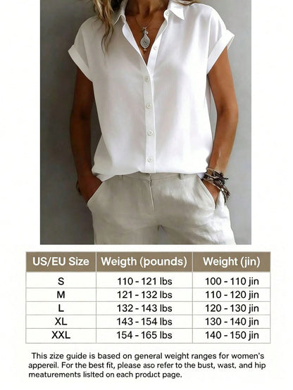 Fashionable Short Sleeve Collared Shirt For Women, Versatile Loose Casual Commute Sleeveless Top, Solid Color Button Front White Summer, Office Siren, Work To Weekend