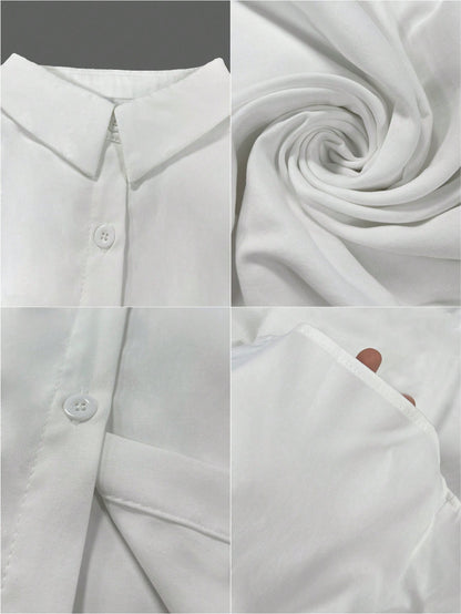 Fashionable Short Sleeve Collared Shirt For Women, Versatile Loose Casual Commute Sleeveless Top, Solid Color Button Front White Summer, Office Siren, Work To Weekend