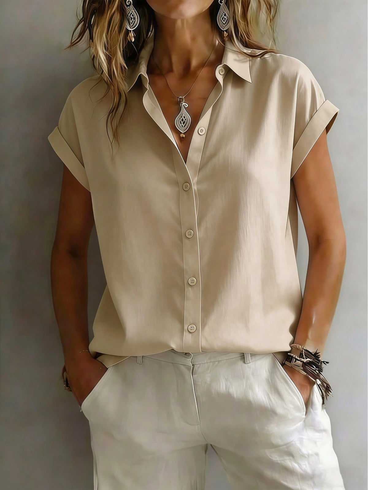 Fashionable Short Sleeve Collared Shirt For Women, Versatile Loose Casual Commute Sleeveless Top, Solid Color Button Front White Summer, Office Siren, Work To Weekend