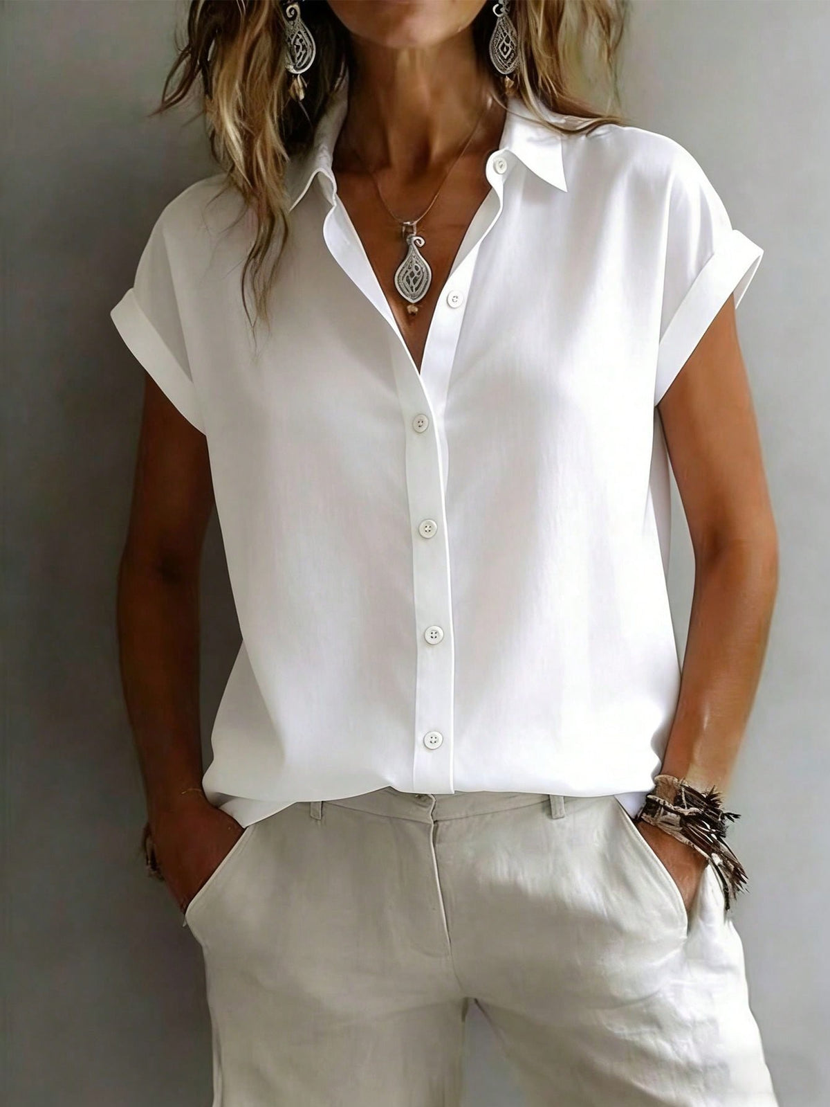 Fashionable Short Sleeve Collared Shirt For Women, Versatile Loose Casual Commute Sleeveless Top, Solid Color Button Front White Summer, Office Siren, Work To Weekend