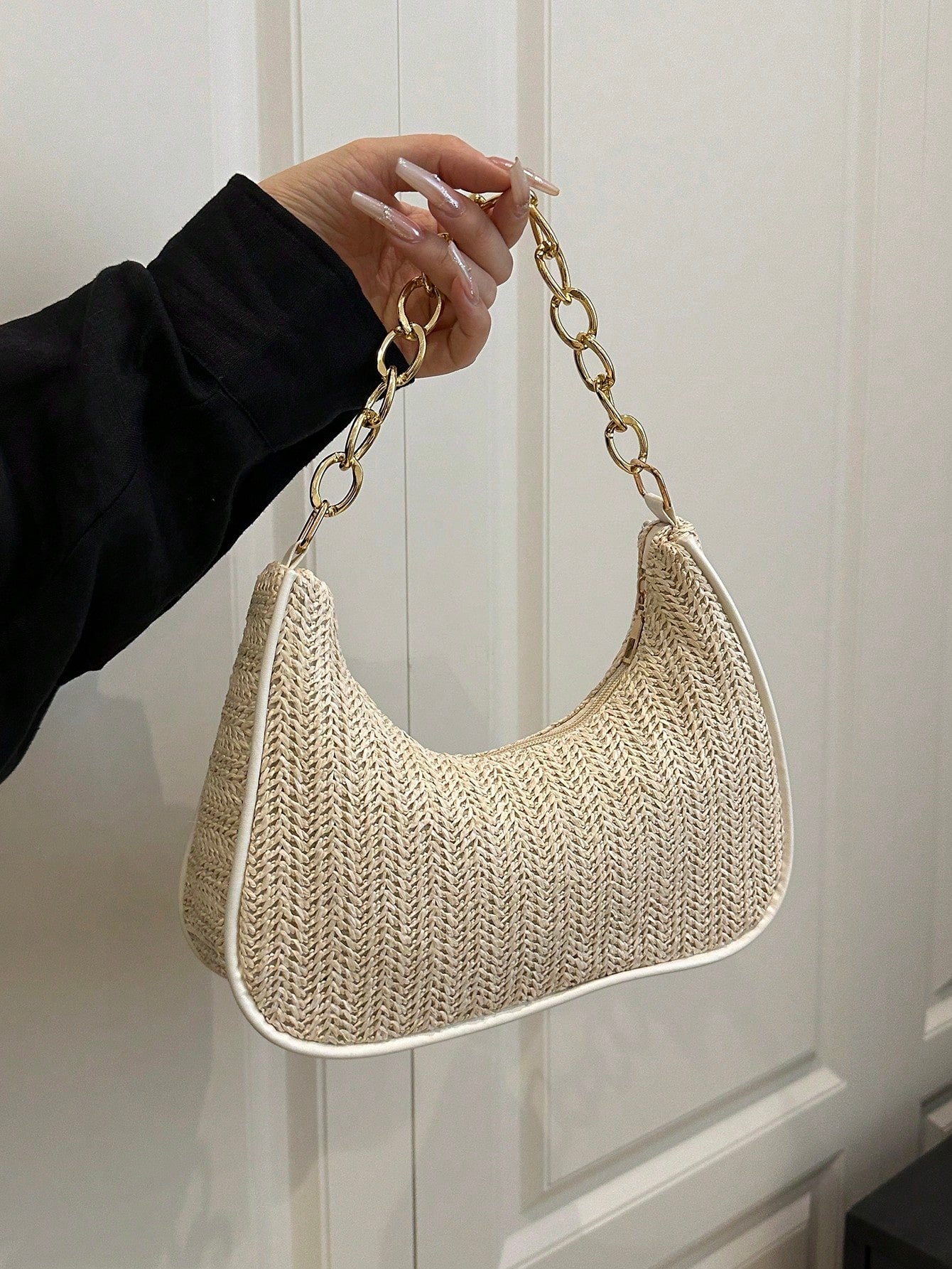 Fashionable Solid-Color Metal Chain Straw Crescent Moon Tote Bag, Women's Multi-Purpose