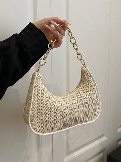 Fashionable Solid-Color Metal Chain Straw Crescent Moon Tote Bag, Women's Multi-Purpose