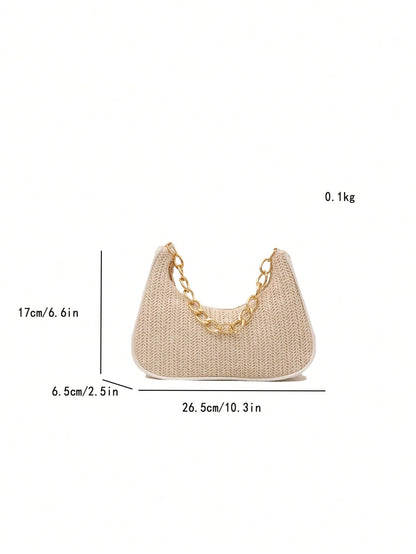 Fashionable Solid-Color Metal Chain Straw Crescent Moon Tote Bag, Women's Multi-Purpose