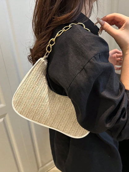 Fashionable Solid-Color Metal Chain Straw Crescent Moon Tote Bag, Women's Multi-Purpose