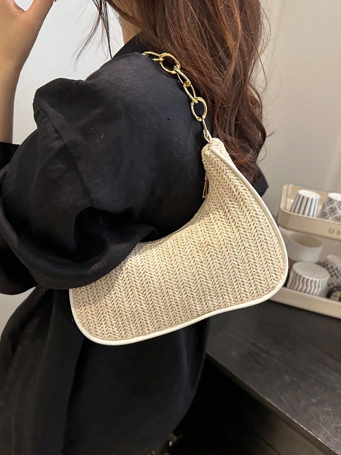 Fashionable Solid-Color Metal Chain Straw Crescent Moon Tote Bag, Women's Multi-Purpose