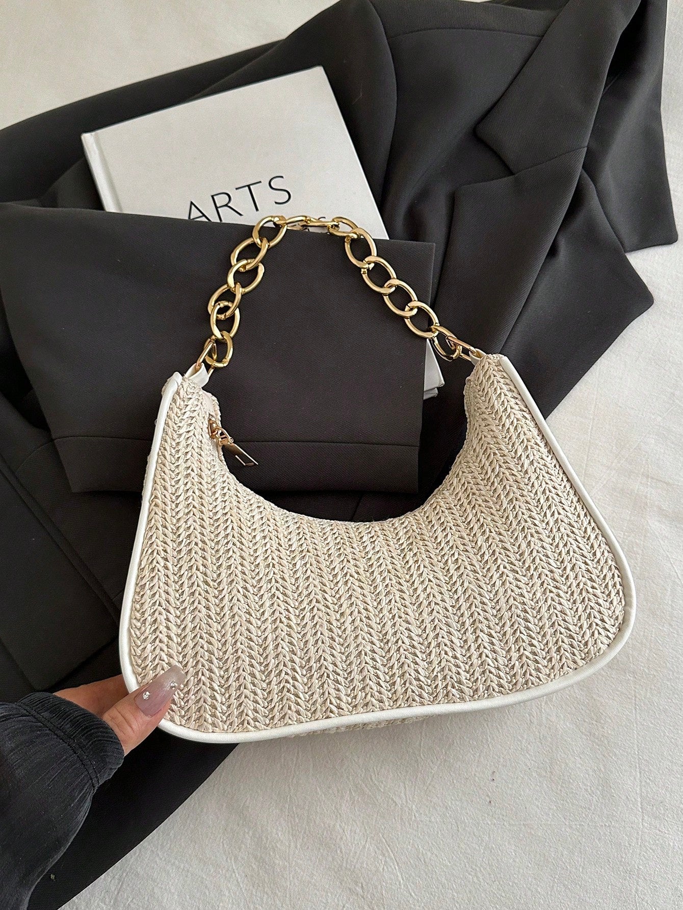 Fashionable Solid-Color Metal Chain Straw Crescent Moon Tote Bag, Women's Multi-Purpose