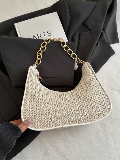 Fashionable Solid-Color Metal Chain Straw Crescent Moon Tote Bag, Women's Multi-Purpose