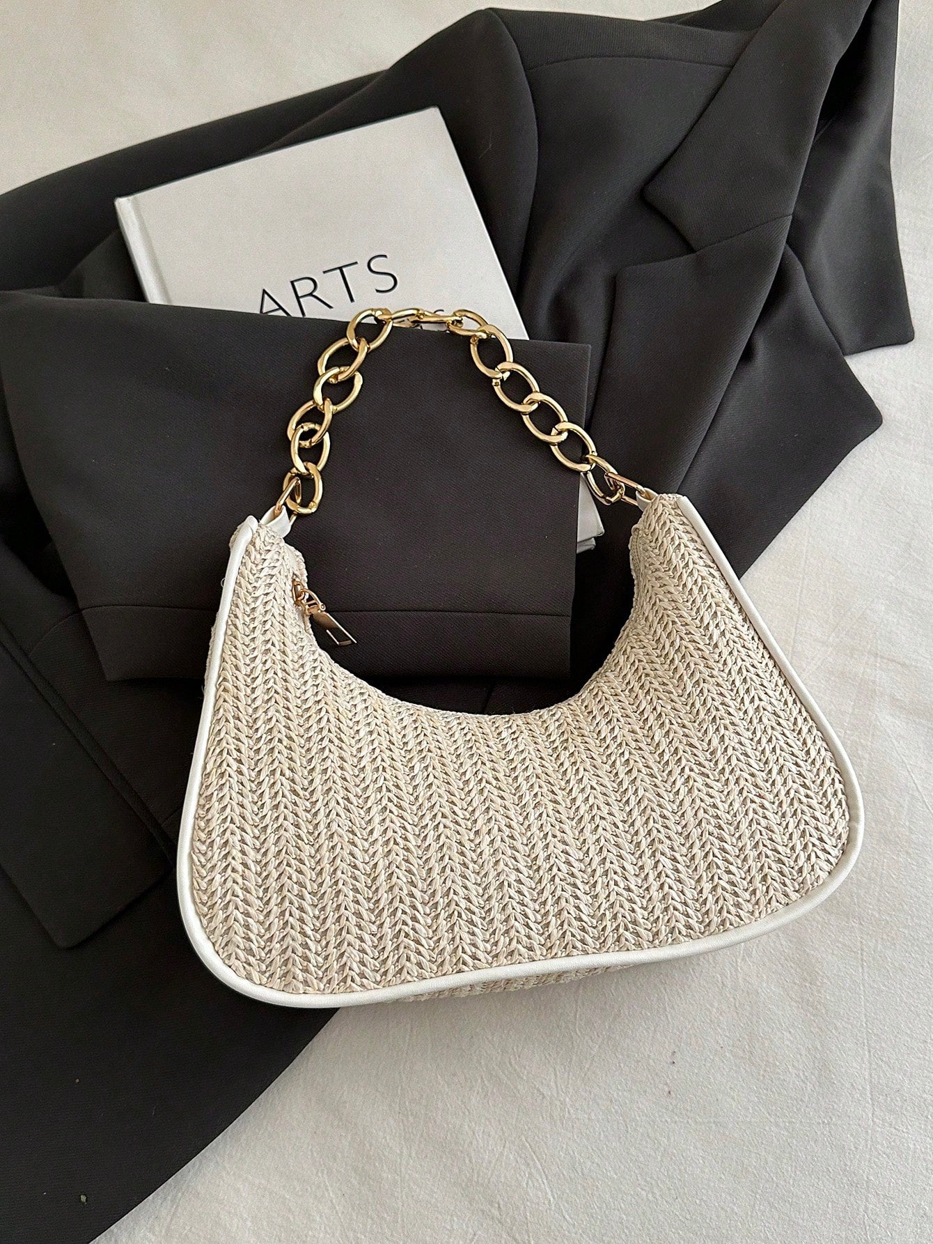 Fashionable Solid-Color Metal Chain Straw Crescent Moon Tote Bag, Women's Multi-Purpose