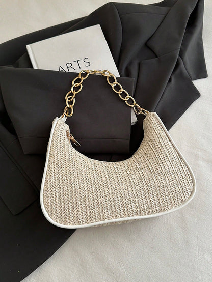 Fashionable Solid-Color Metal Chain Straw Crescent Moon Tote Bag, Women's Multi-Purpose
