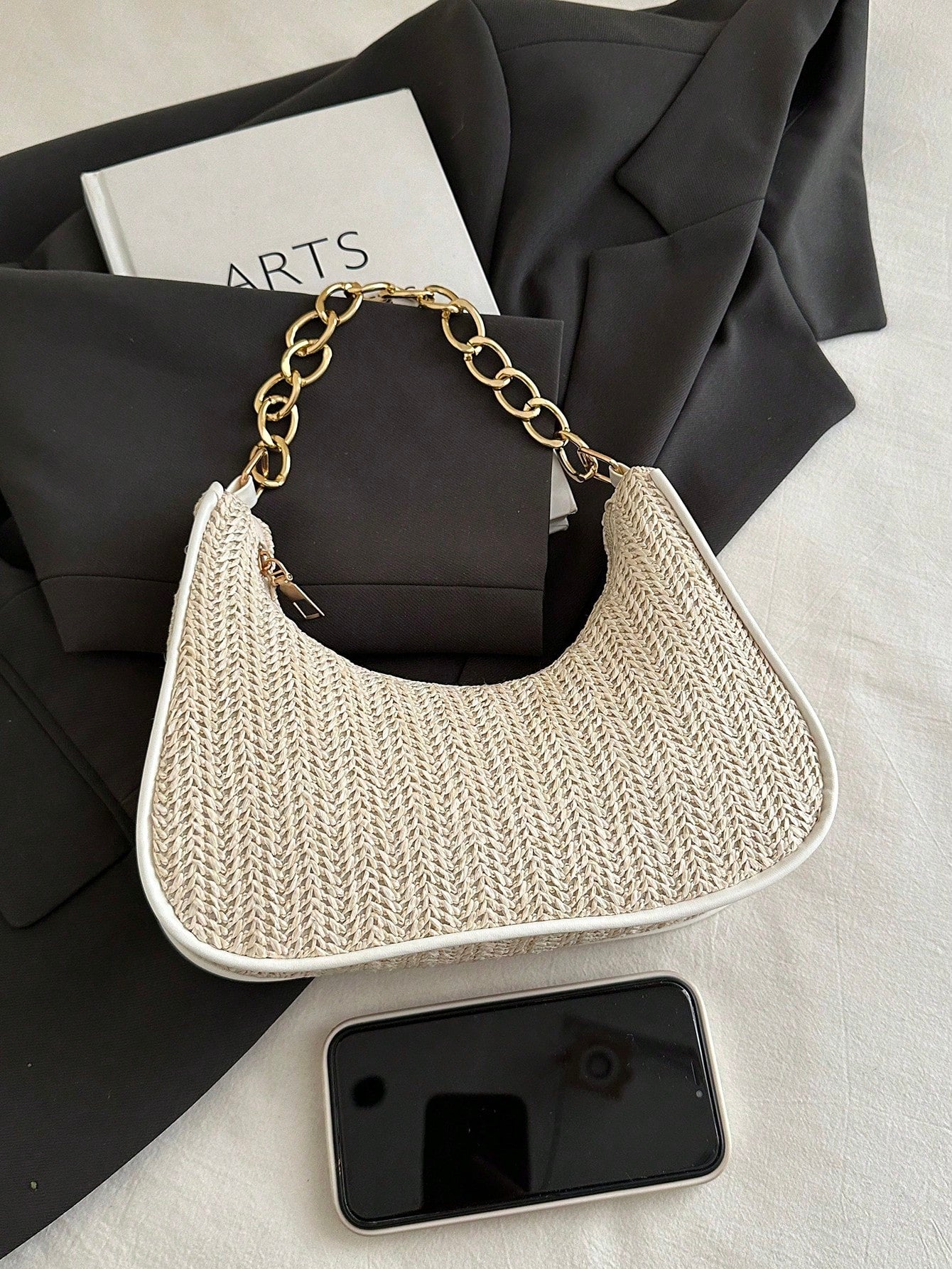 Fashionable Solid-Color Metal Chain Straw Crescent Moon Tote Bag, Women's Multi-Purpose