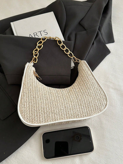Fashionable Solid-Color Metal Chain Straw Crescent Moon Tote Bag, Women's Multi-Purpose