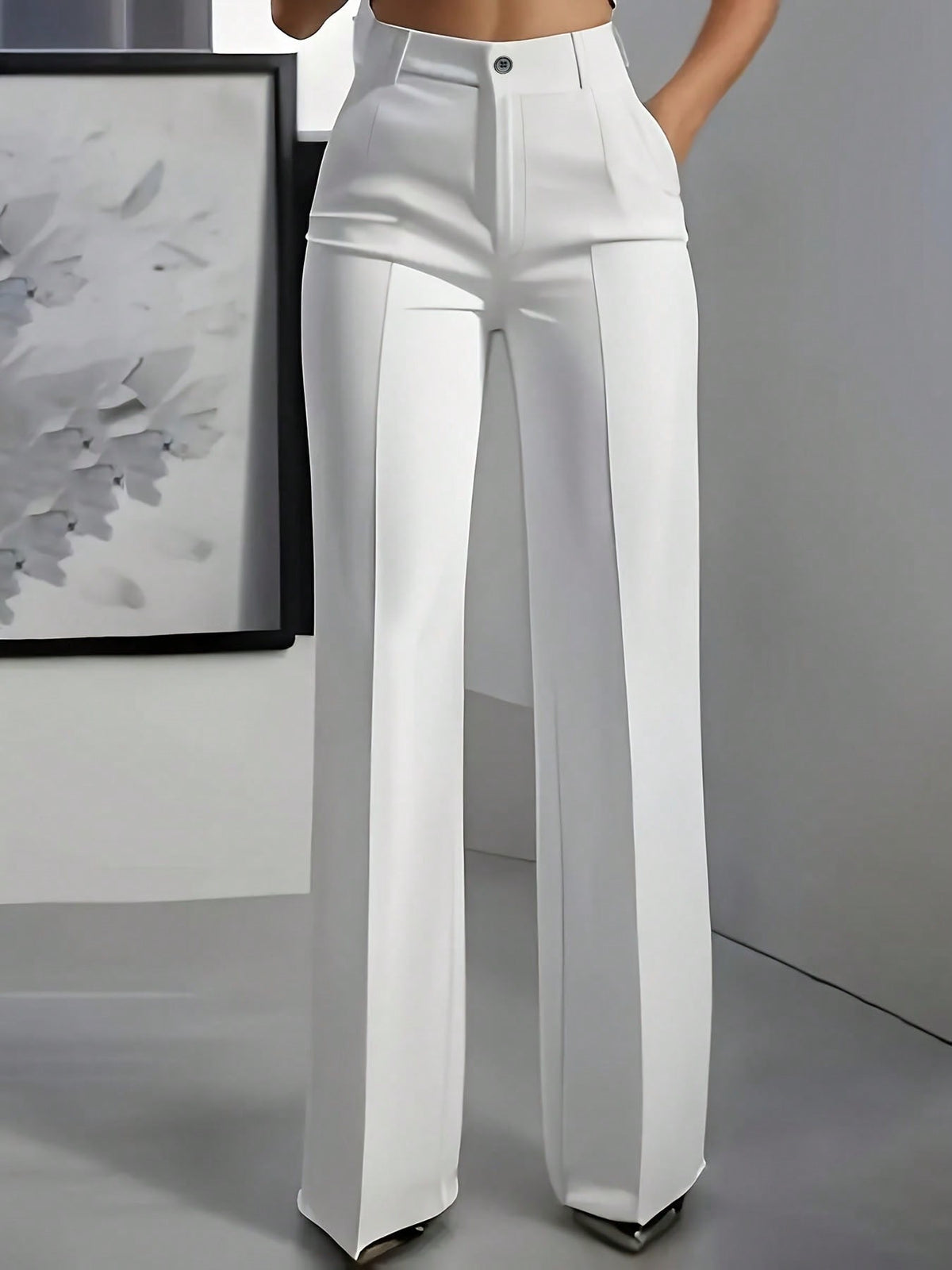 Fashionable Versatile Solid Color Straight Leg Pants White Spring