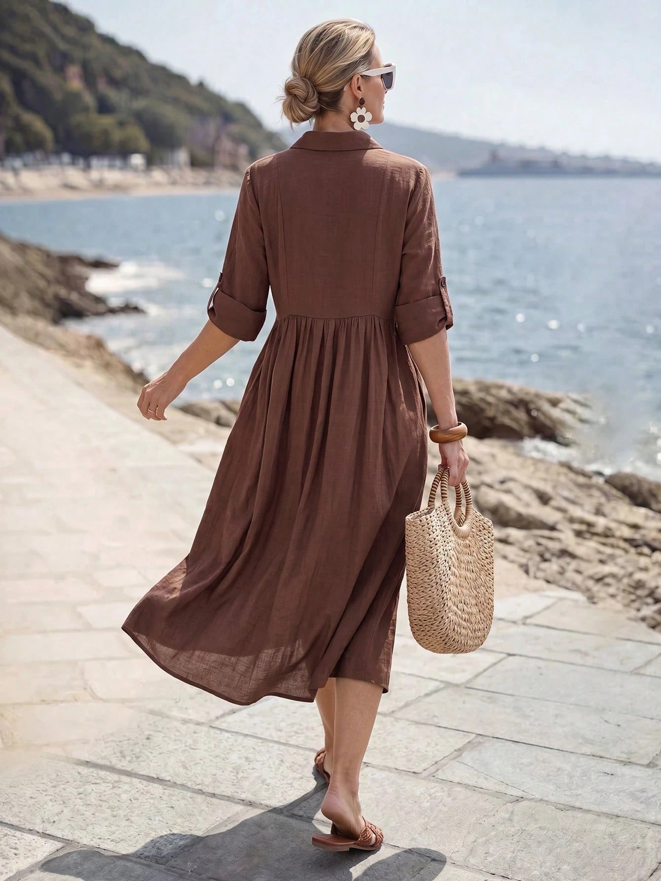 Faunlyn Women's Solid Color Rolled Sleeve Button Half-Placket Midi Dress Vacation Shades Of Brown Autumn Casual