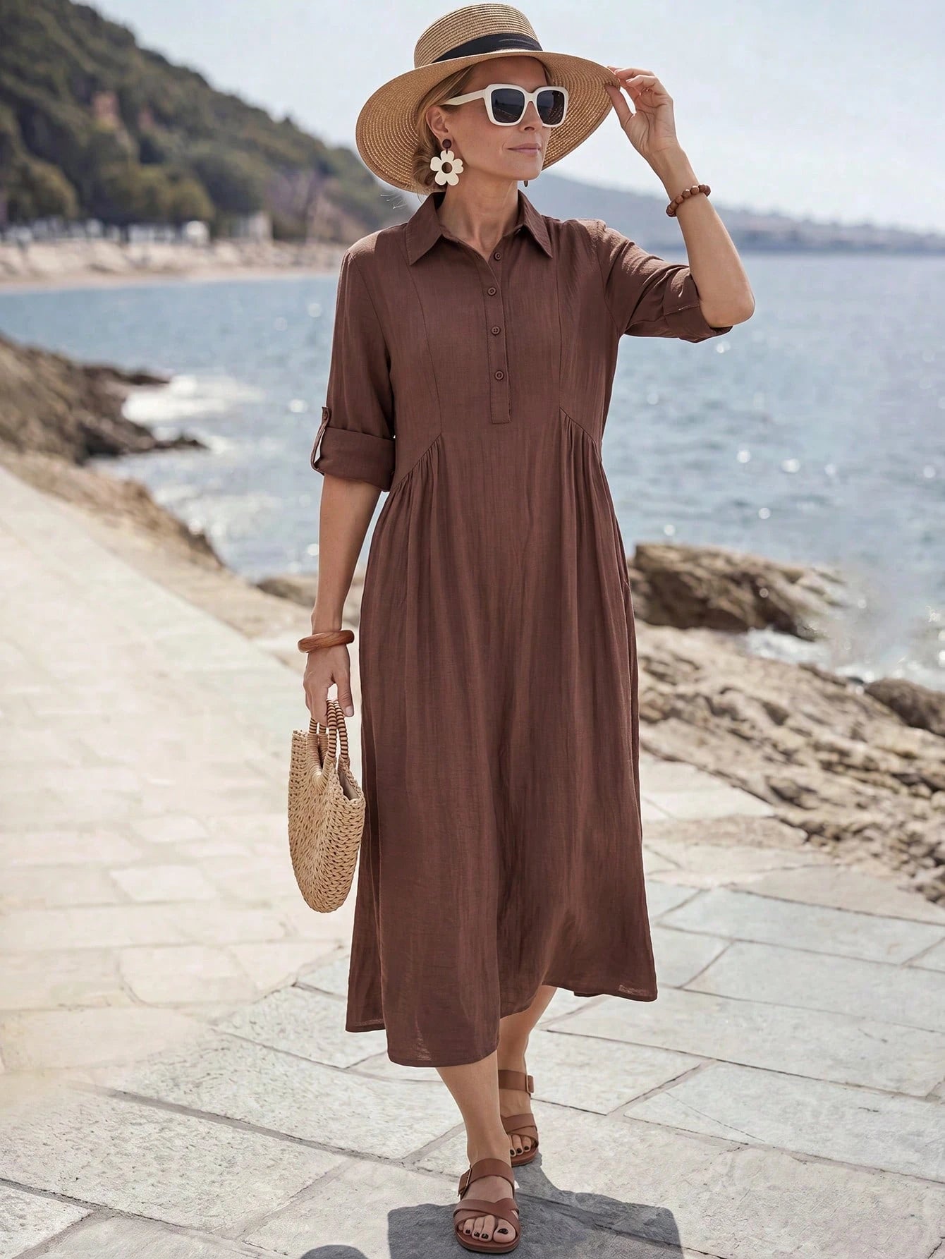 Faunlyn Women's Solid Color Rolled Sleeve Button Half-Placket Midi Dress Vacation Shades Of Brown Autumn Casual