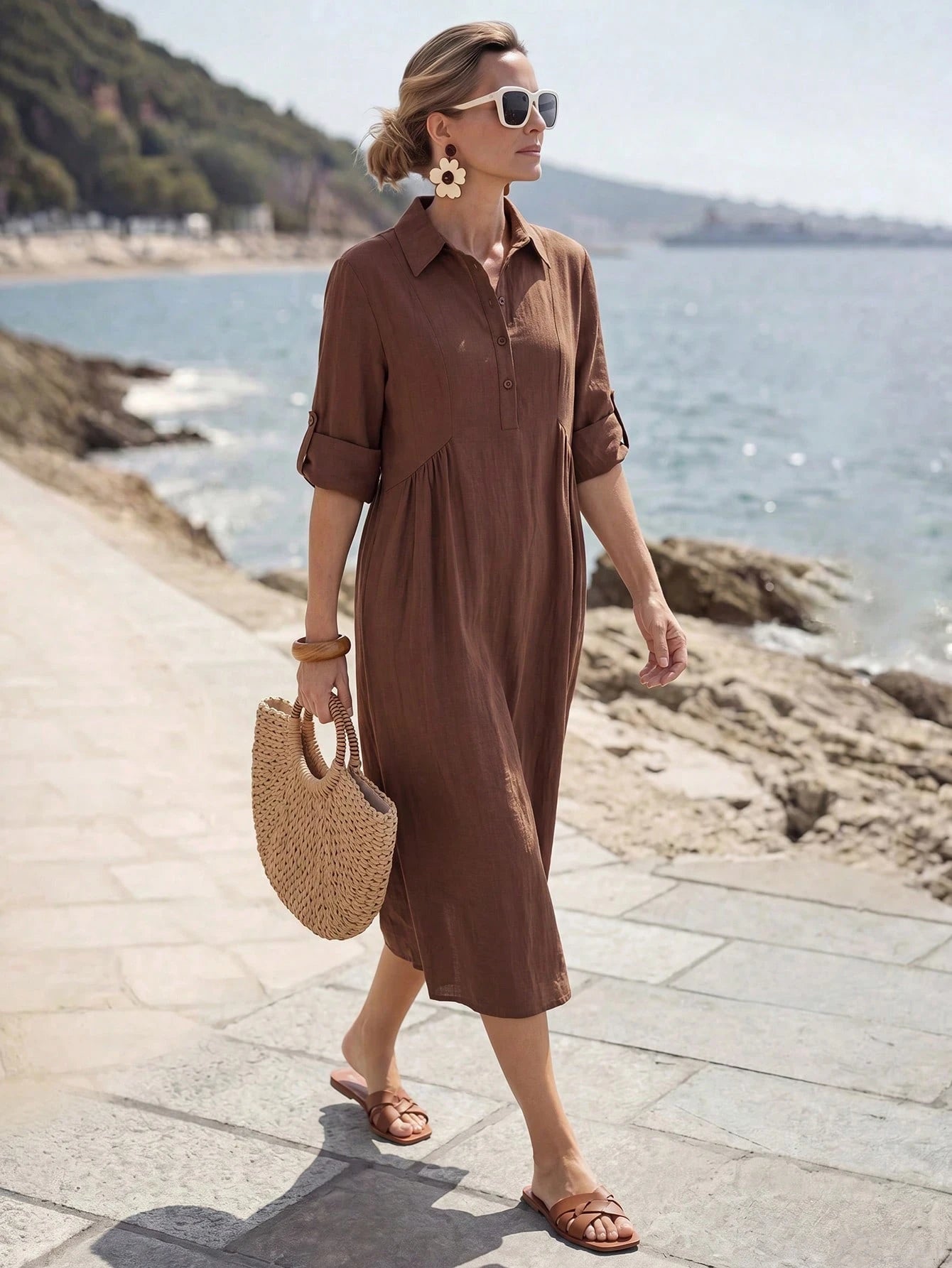 Faunlyn Women's Solid Color Rolled Sleeve Button Half-Placket Midi Dress Vacation Shades Of Brown Autumn Casual