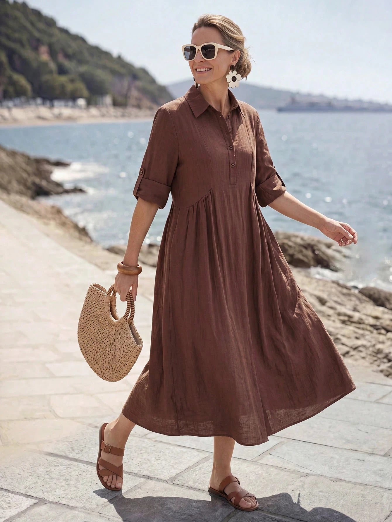 Faunlyn Women's Solid Color Rolled Sleeve Button Half-Placket Midi Dress Vacation Shades Of Brown Autumn Casual