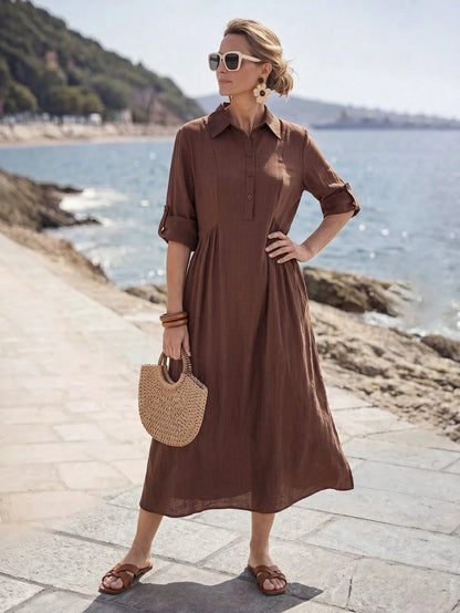 Faunlyn Women's Solid Color Rolled Sleeve Button Half-Placket Midi Dress Vacation Shades Of Brown Autumn Casual