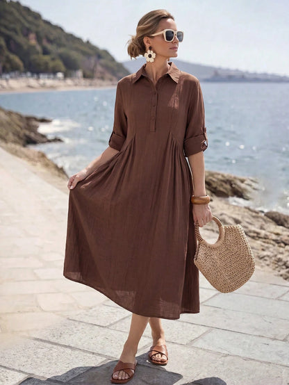 Faunlyn Women's Solid Color Rolled Sleeve Button Half-Placket Midi Dress Vacation Shades Of Brown Autumn Casual