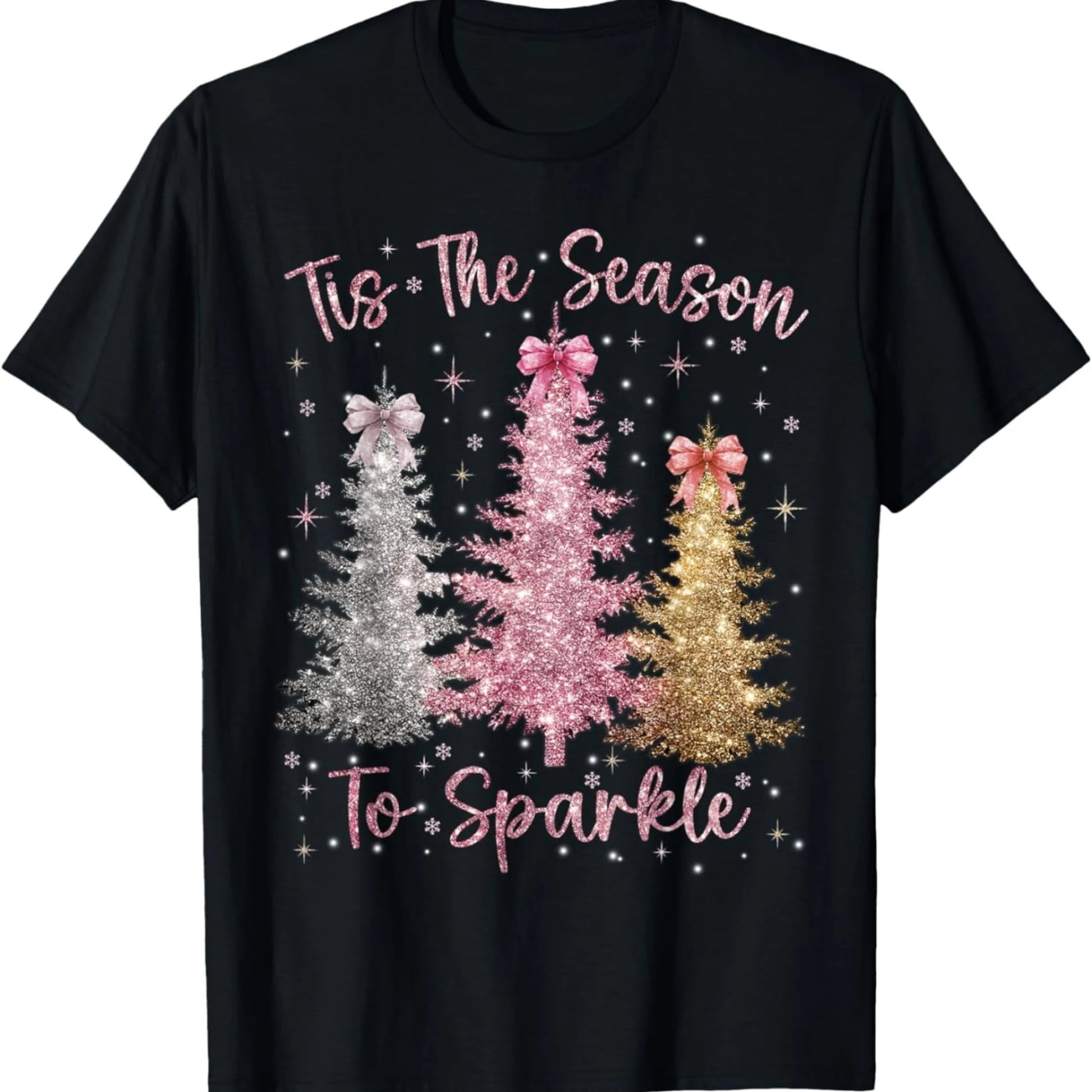 Featuring A "Holiday Season Glittering Tree" Design- Casual Crew Neck T-Shirt, Christmas Outfit, Suitable For Year-Round Wear