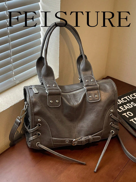 FEISTURE 1pc Vintage Solid Color Buckle Decor Motorcycle Bag, Shoulder Crossbody Bag, Suitable For Girls, Women, College Students, New Professionals And White-Collar Workers, Perfect For Work, Busines
