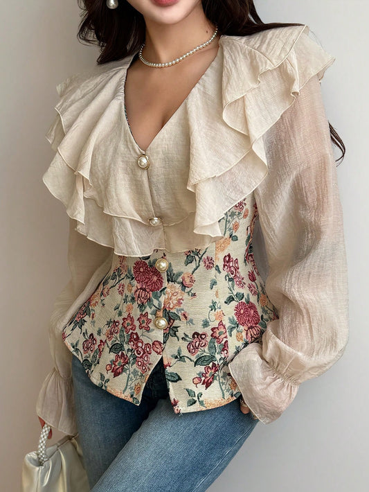Feyla Women's Elegant Beige Floral Corset Blouse, Spring And Summer V-Neck Ruffle Sheer Long Sleeve Peplum Top With Pearl Buttons, Tea Party French