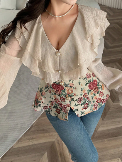 Feyla Women's Elegant Beige Floral Corset Blouse, Spring And Summer V-Neck Ruffle Sheer Long Sleeve Peplum Top With Pearl Buttons, Tea Party French