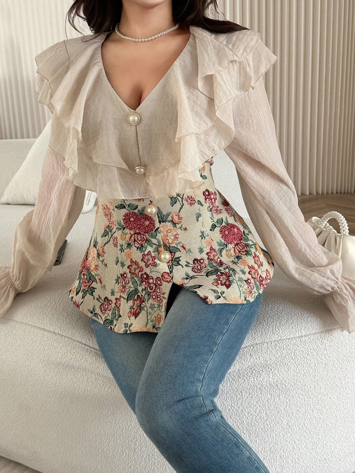 Feyla Women's Elegant Beige Floral Corset Blouse, Spring And Summer V-Neck Ruffle Sheer Long Sleeve Peplum Top With Pearl Buttons, Tea Party French