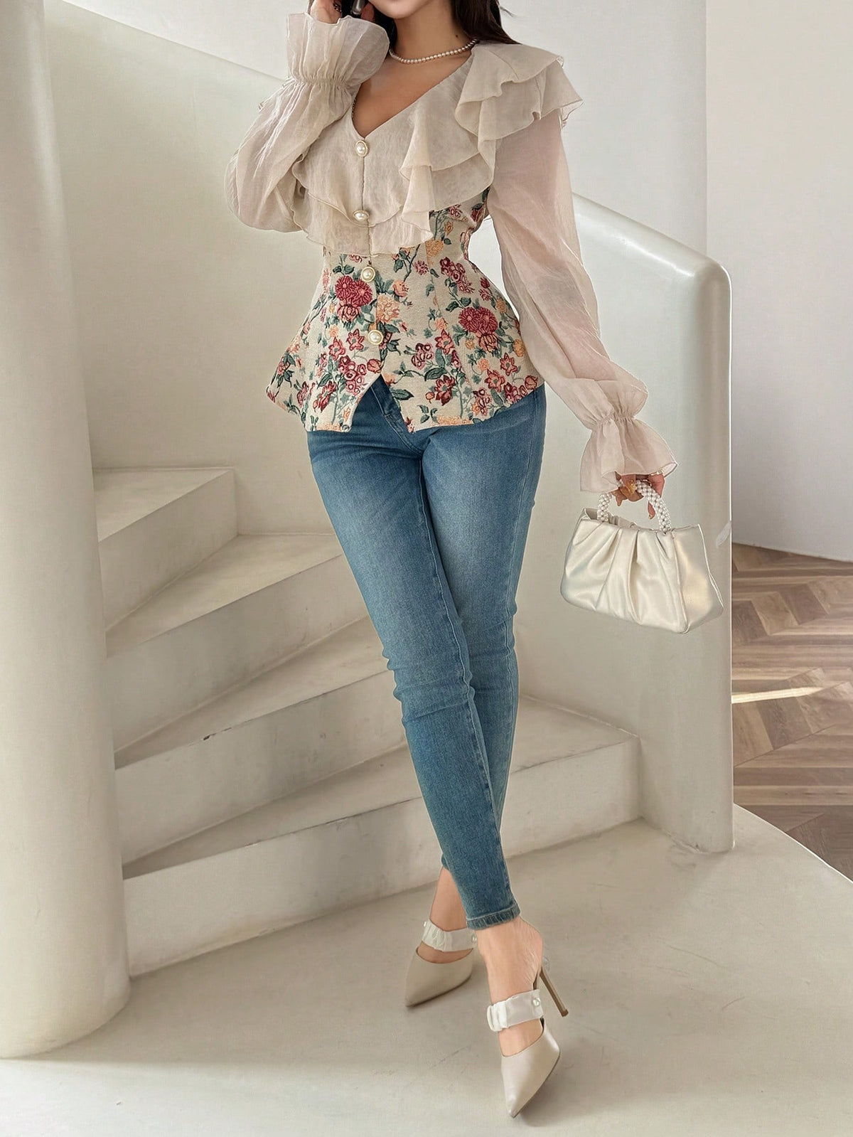 Feyla Women's Elegant Beige Floral Corset Blouse, Spring And Summer V-Neck Ruffle Sheer Long Sleeve Peplum Top With Pearl Buttons, Tea Party French