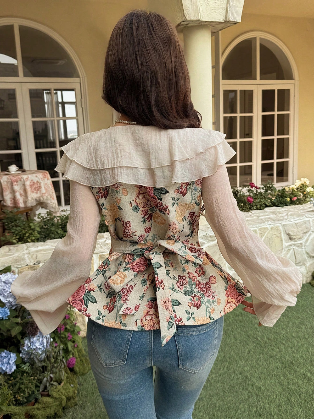 Feyla Women's Elegant Beige Floral Corset Blouse, Spring And Summer V-Neck Ruffle Sheer Long Sleeve Peplum Top With Pearl Buttons, Tea Party French