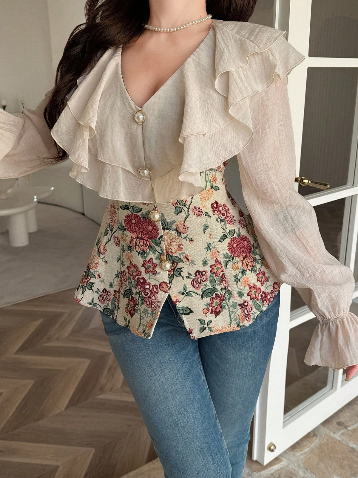 Feyla Women's Elegant Beige Floral Corset Blouse, Spring And Summer V-Neck Ruffle Sheer Long Sleeve Peplum Top With Pearl Buttons, Tea Party French