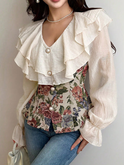 Feyla Women's Elegant Beige Floral Corset Blouse, Spring And Summer V-Neck Ruffle Sheer Long Sleeve Peplum Top With Pearl Buttons, Tea Party French