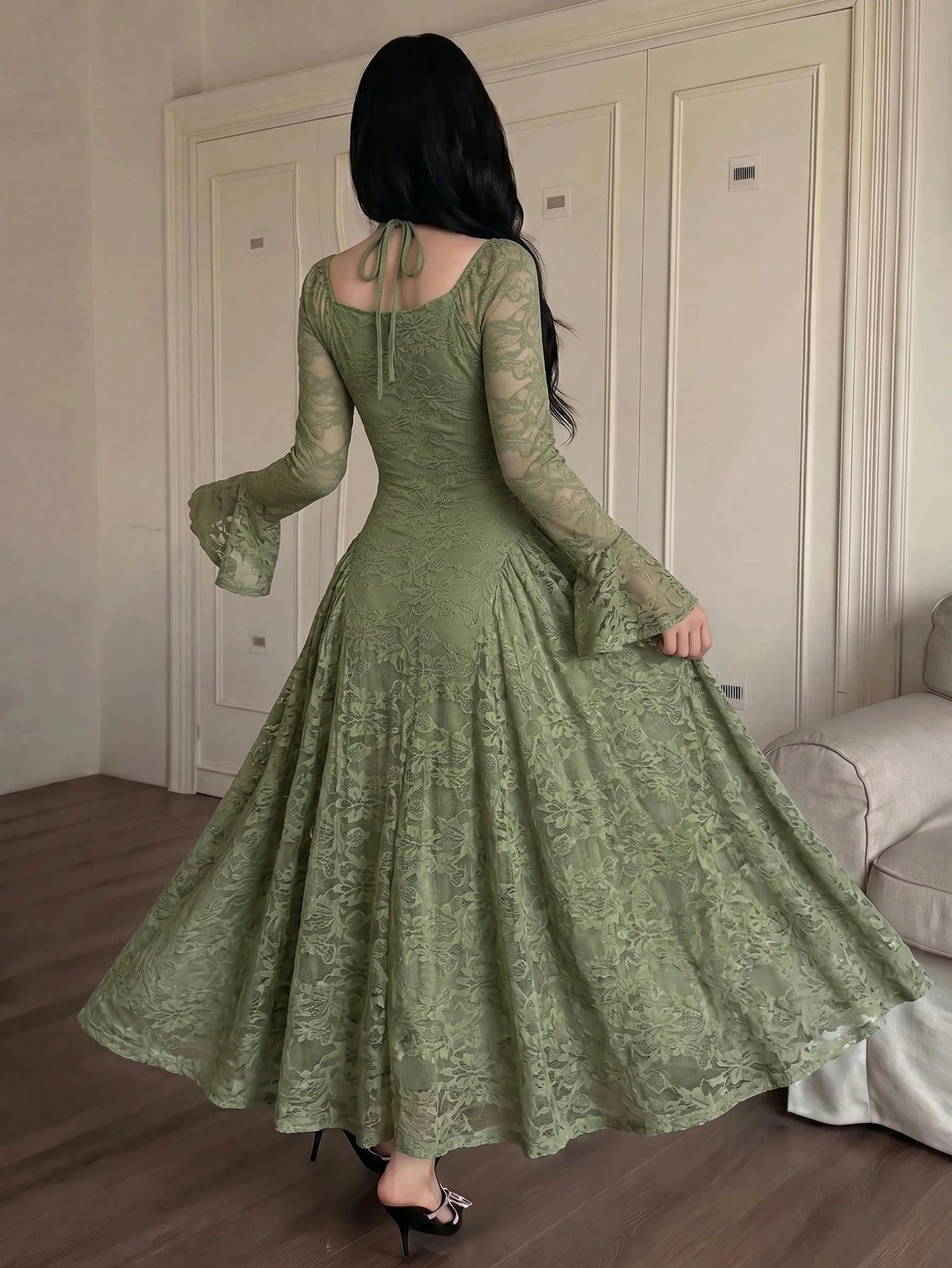 Feyla Women's Sweetheart Neck Flare Sleeve Lace Elegant Mid-Length Dress