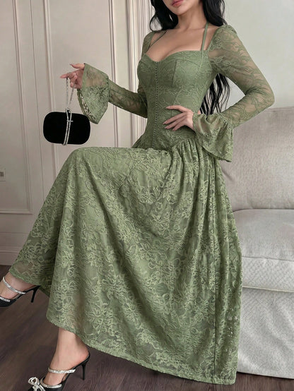 Feyla Women's Sweetheart Neck Flare Sleeve Lace Elegant Mid-Length Dress