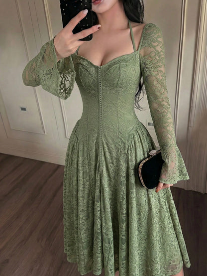 Feyla Women's Sweetheart Neck Flare Sleeve Lace Elegant Mid-Length Dress