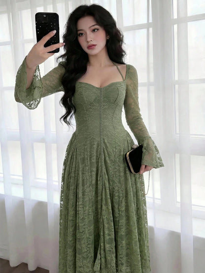 Feyla Women's Sweetheart Neck Flare Sleeve Lace Elegant Mid-Length Dress