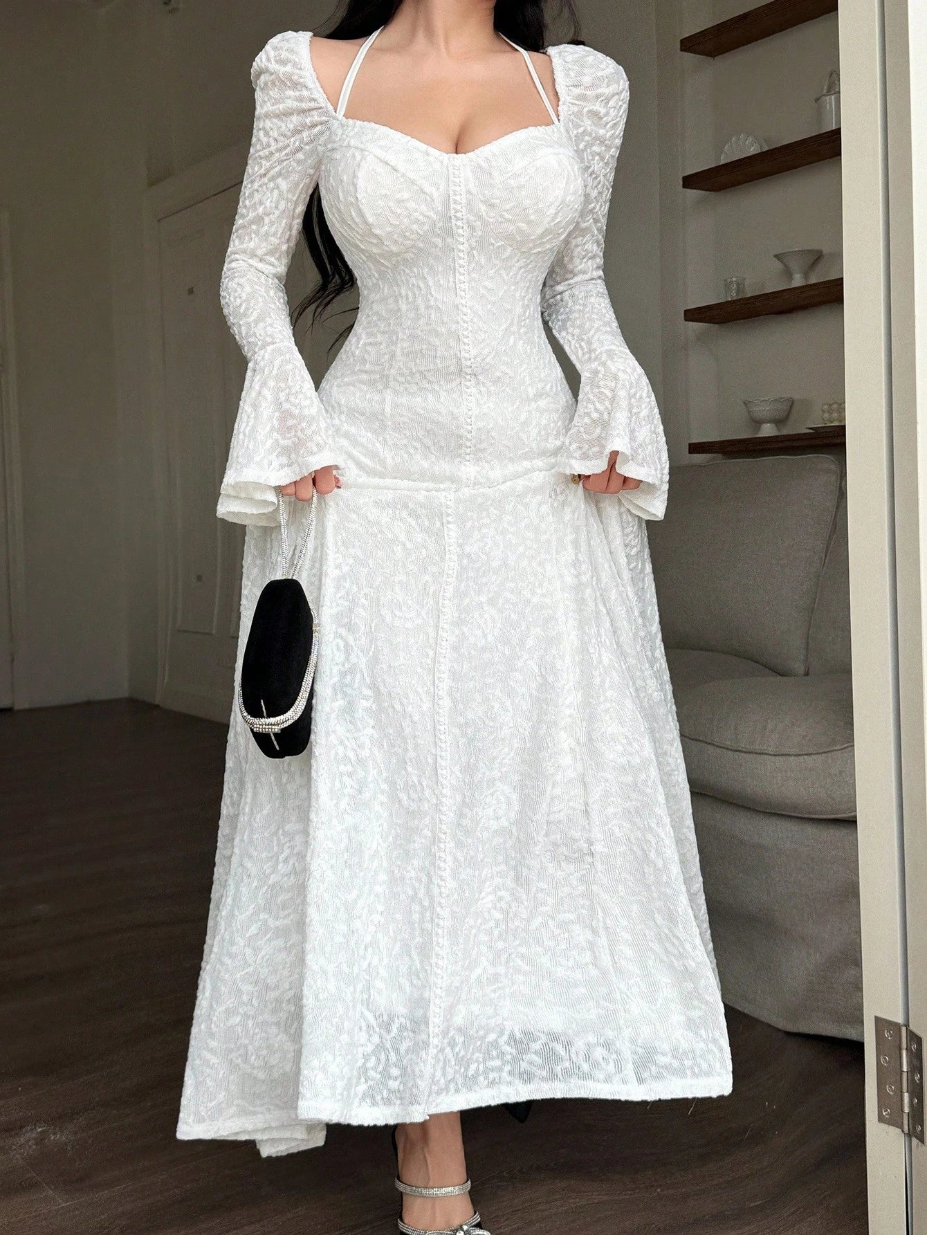 Feyla Women's Sweetheart Neck Flare Sleeve Lace Elegant Mid-Length Dress