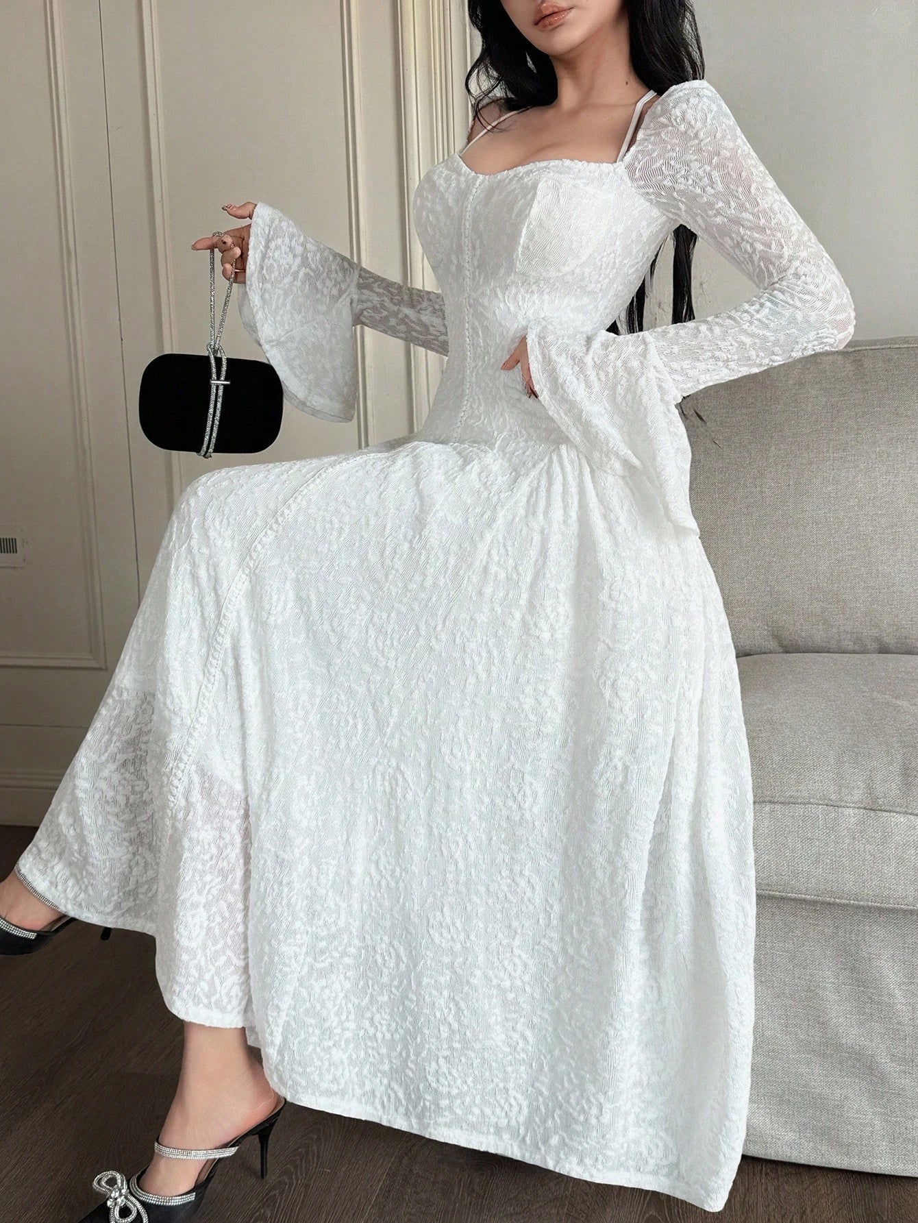 Feyla Women's Sweetheart Neck Flare Sleeve Lace Elegant Mid-Length Dress
