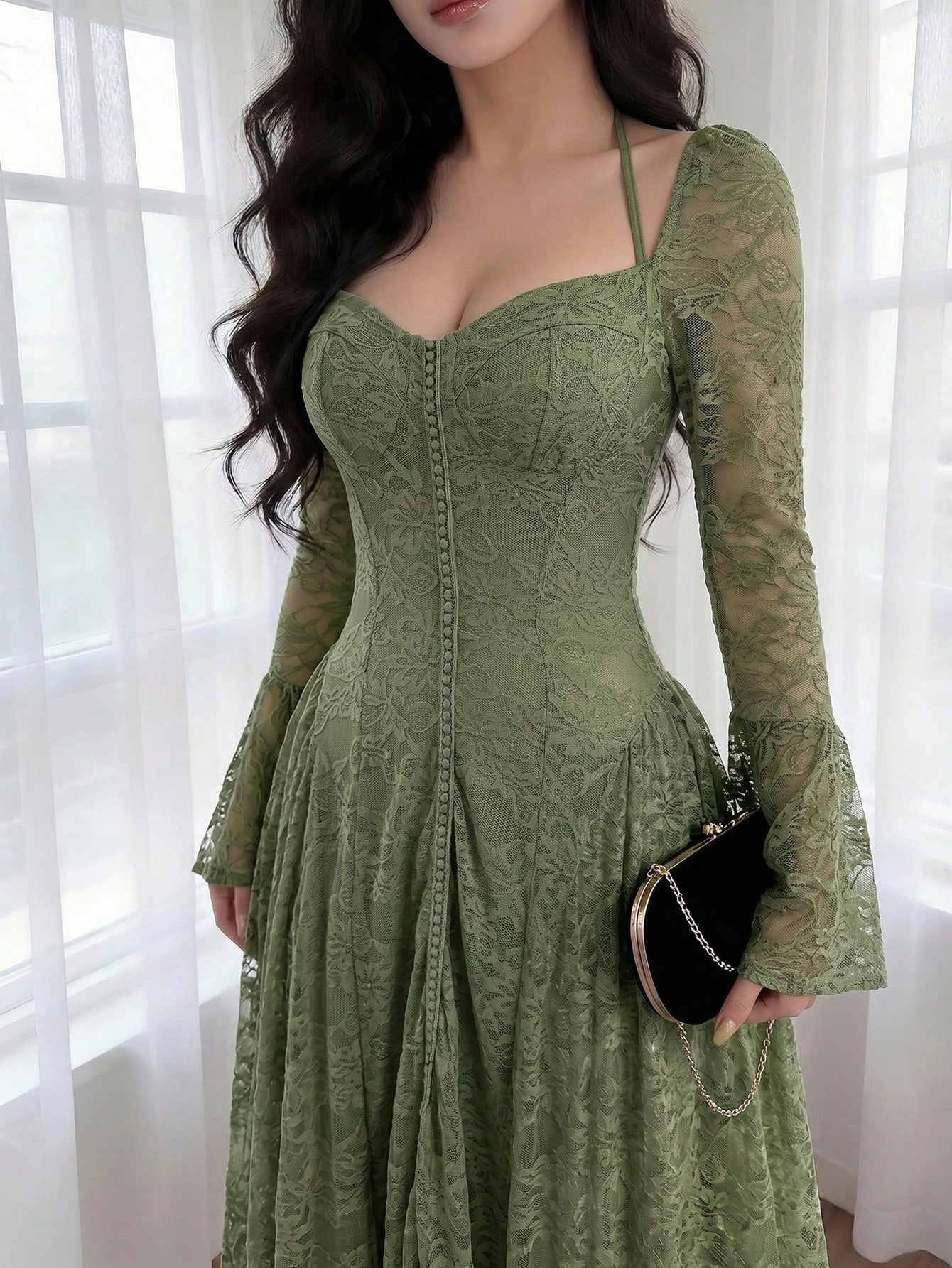 Feyla Women's Sweetheart Neck Flare Sleeve Lace Elegant Mid-Length Dress