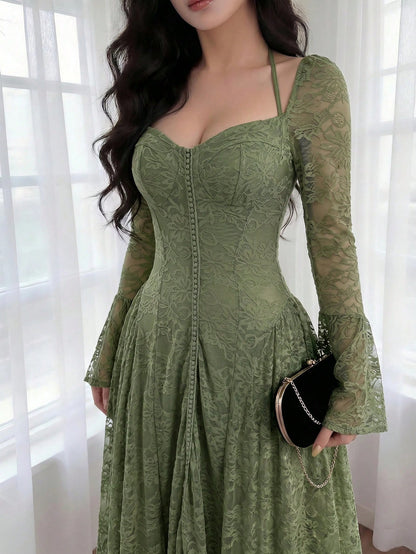 Feyla Women's Sweetheart Neck Flare Sleeve Lace Elegant Mid-Length Dress