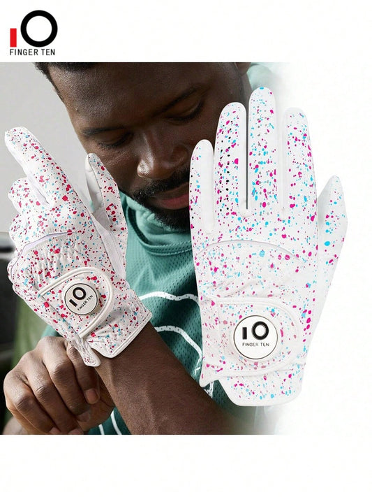 FINGER TEN 1 Pair Men's Golf Gloves, Fits Right Or Left Hand, Genuine Leather, Breathable & Comfortable, Weathersof Non-Slip Grip, Sizes: S, M, ML, L, XL
