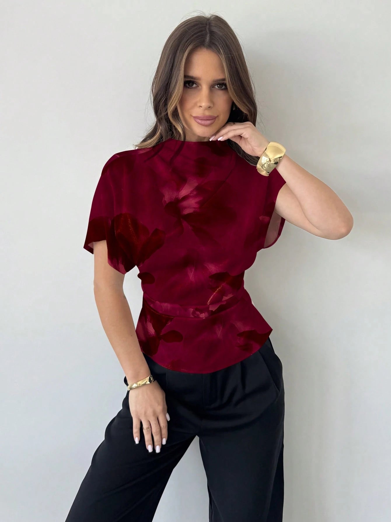 Firerie Crinkle Collar Asymmetrical Sleeve Side Ruched Cinched Waist Commuter Apricot Bamboo Fiber Linen Blouse For Women, All Season,Summer Top
