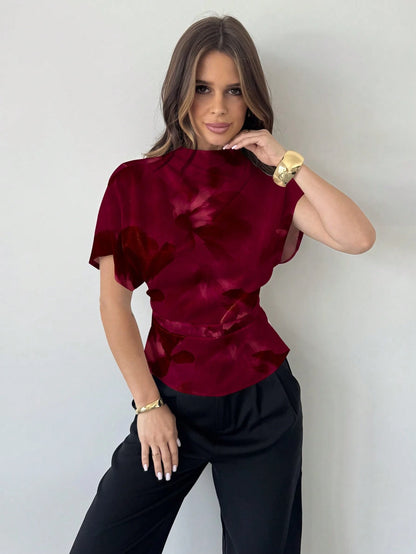 Firerie Crinkle Collar Asymmetrical Sleeve Side Ruched Cinched Waist Commuter Apricot Bamboo Fiber Linen Blouse For Women, All Season,Summer Top