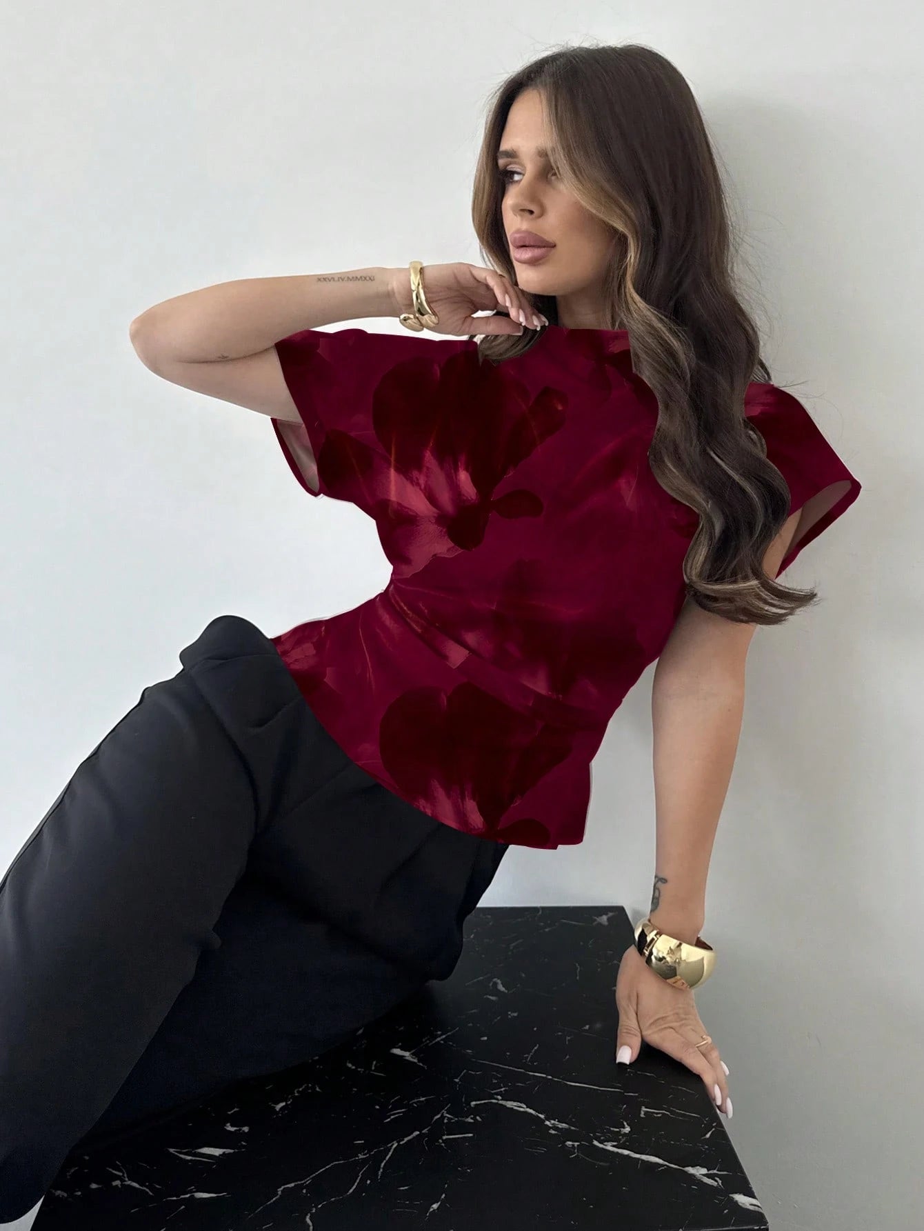 Firerie Crinkle Collar Asymmetrical Sleeve Side Ruched Cinched Waist Commuter Apricot Bamboo Fiber Linen Blouse For Women, All Season,Summer Top