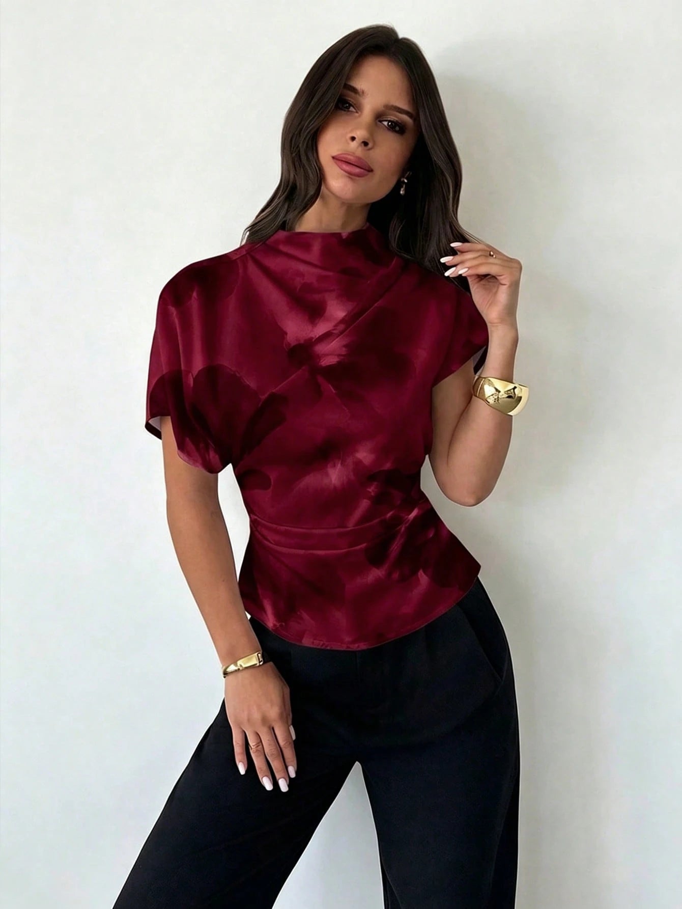 Firerie Crinkle Collar Asymmetrical Sleeve Side Ruched Cinched Waist Commuter Apricot Bamboo Fiber Linen Blouse For Women, All Season,Summer Top