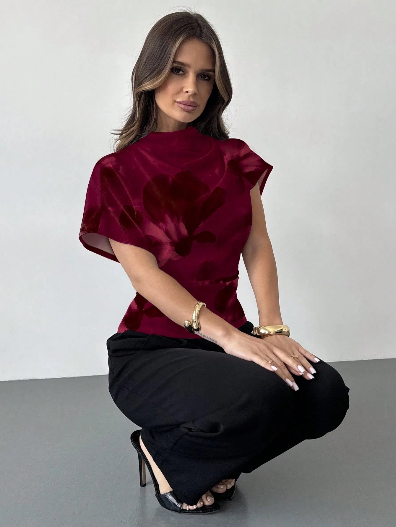 Firerie Crinkle Collar Asymmetrical Sleeve Side Ruched Cinched Waist Commuter Apricot Bamboo Fiber Linen Blouse For Women, All Season,Summer Top