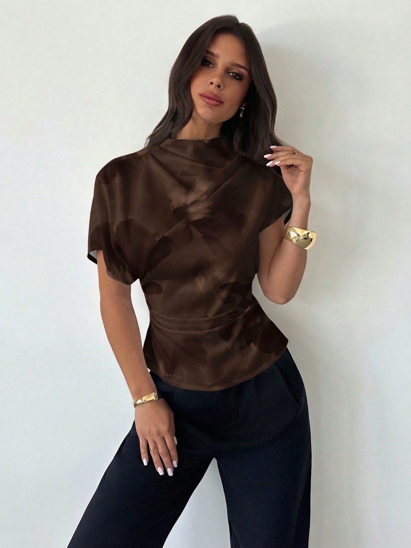 Firerie Crinkle Collar Asymmetrical Sleeve Side Ruched Cinched Waist Commuter Apricot Bamboo Fiber Linen Blouse For Women, All Season,Summer Top