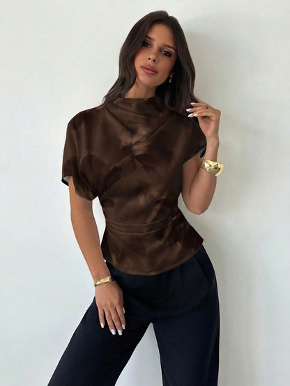 Firerie Crinkle Collar Asymmetrical Sleeve Side Ruched Cinched Waist Commuter Apricot Bamboo Fiber Linen Blouse For Women, All Season,Summer Top