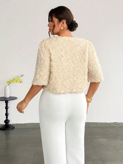 Firerie Plus Size French Style Versatile 3D Floral Decor Jacket Casual Elegant Office Business Work Jacket For Women Casual Daily Going Out Jacket For Women