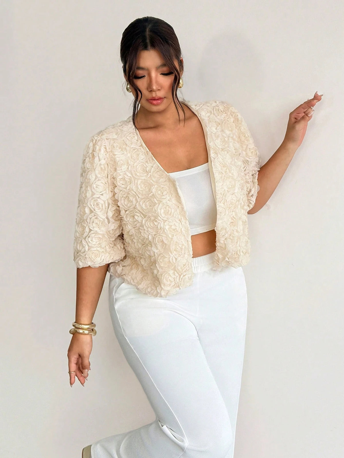 Firerie Plus Size French Style Versatile 3D Floral Decor Jacket Casual Elegant Office Business Work Jacket For Women Casual Daily Going Out Jacket For Women